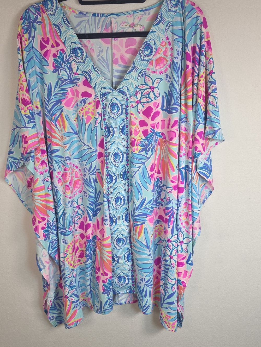Lilly Pulitzer Skylar Swim Kaftan M Blue Pink Tropical Cover Up Tunic Dress - Picture 2 of 10